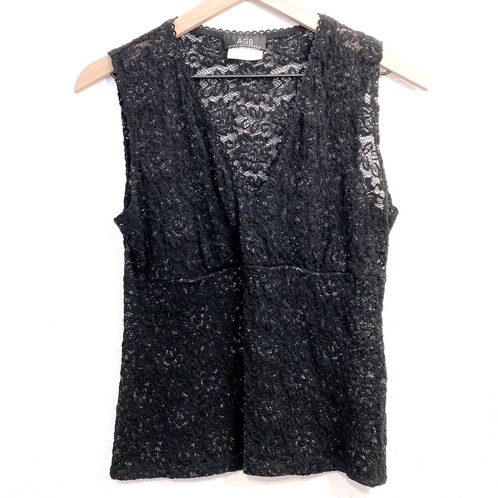 Vintage AGB Byer Black Silver Lace Sleeveless Top V Neck Medium Y2K 90s